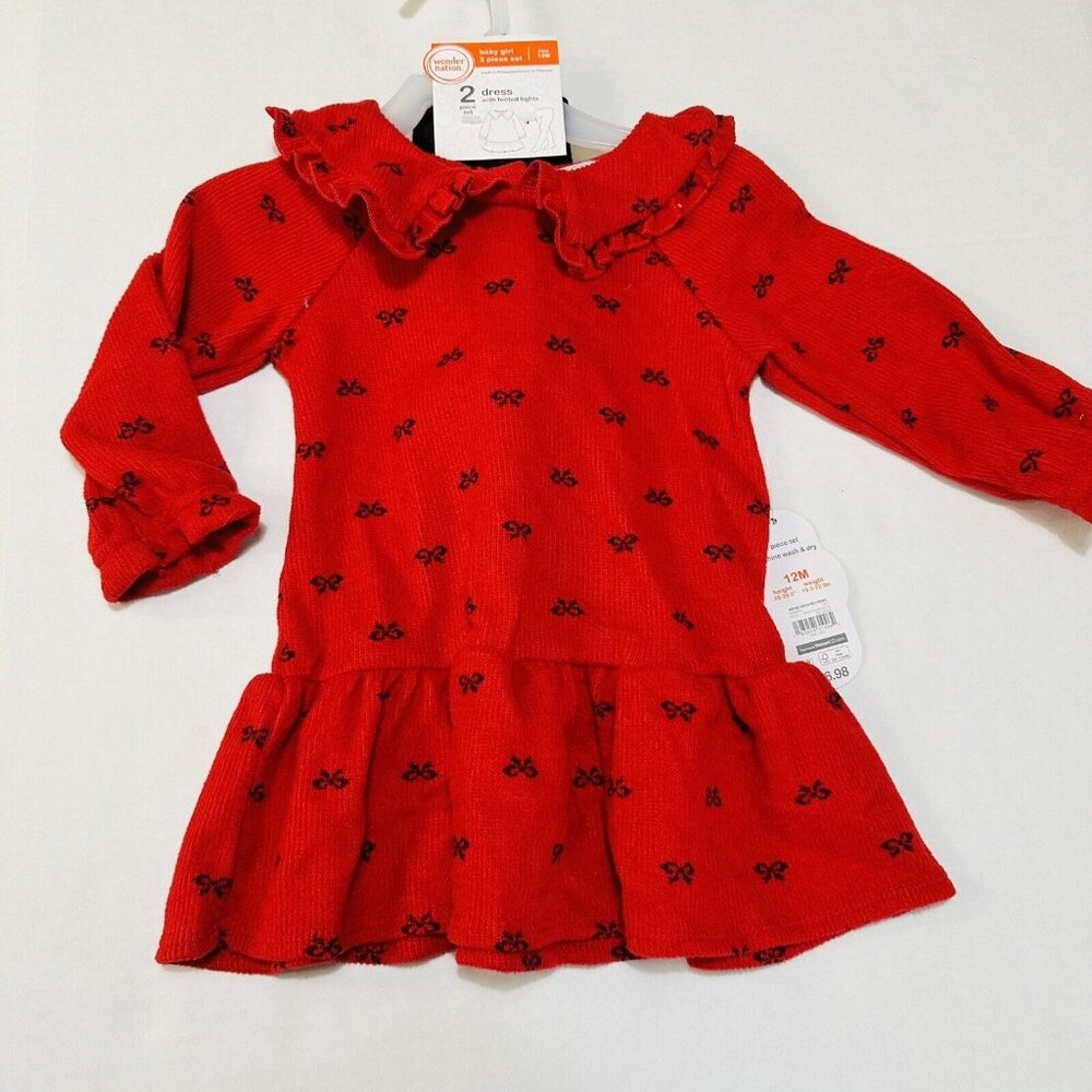 Baby Girl 12 Months Red Sweater Dress With Black Tights Holiday Outfit -